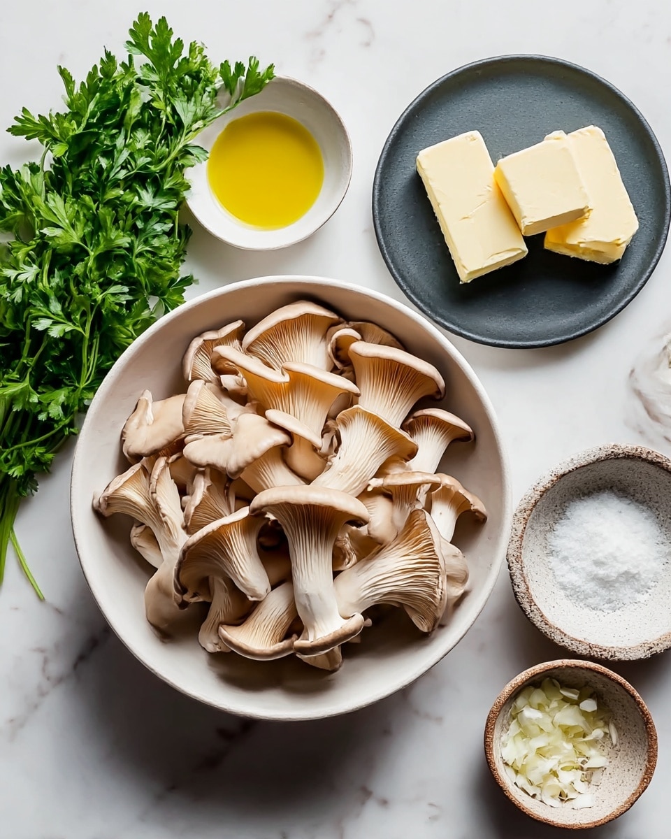 A large white bowl filled with many light brown oyster mushrooms showing their stems and gills, placed on a white marbled surface. To the left of the bowl, there is a bunch of fresh green parsley with detailed leaves, a small white bowl containing yellow olive oil, a dark round plate with three pale yellow butter blocks, a small dark gray bowl filled with white salt, and a small rustic bowl holding finely chopped white garlic. All items are neatly arranged in a flat lay style. Photo taken with an iphone --ar 4:5 --v 7