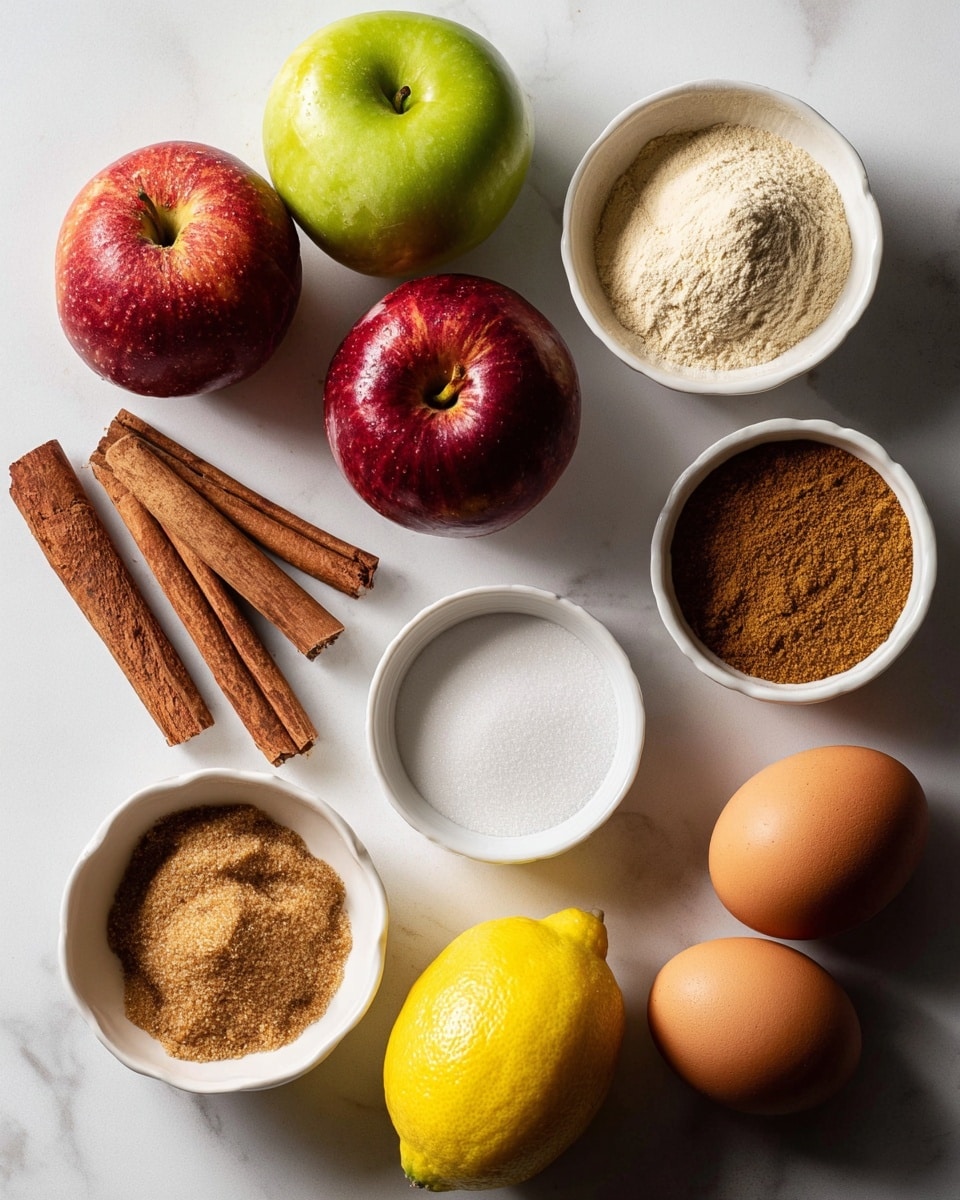 The image shows a white marbled surface with four apples - two red, one green, and one red-green mixed - arranged loosely on the left side. Two cinnamon sticks are placed horizontally in the middle, near two brown eggs that sit close together on the right. Surrounding these are five small white bowls: one with a mound of brown sugar, one with ground cinnamon, one with white granulated sugar, one with light brown ground spice, and one with a bright yellow lemon positioned near the bottom center. The colors are warm, with natural textures visible in the spices and fruits, and soft natural light brightens the scene. photo taken with an iphone --ar 4:5 --v 7