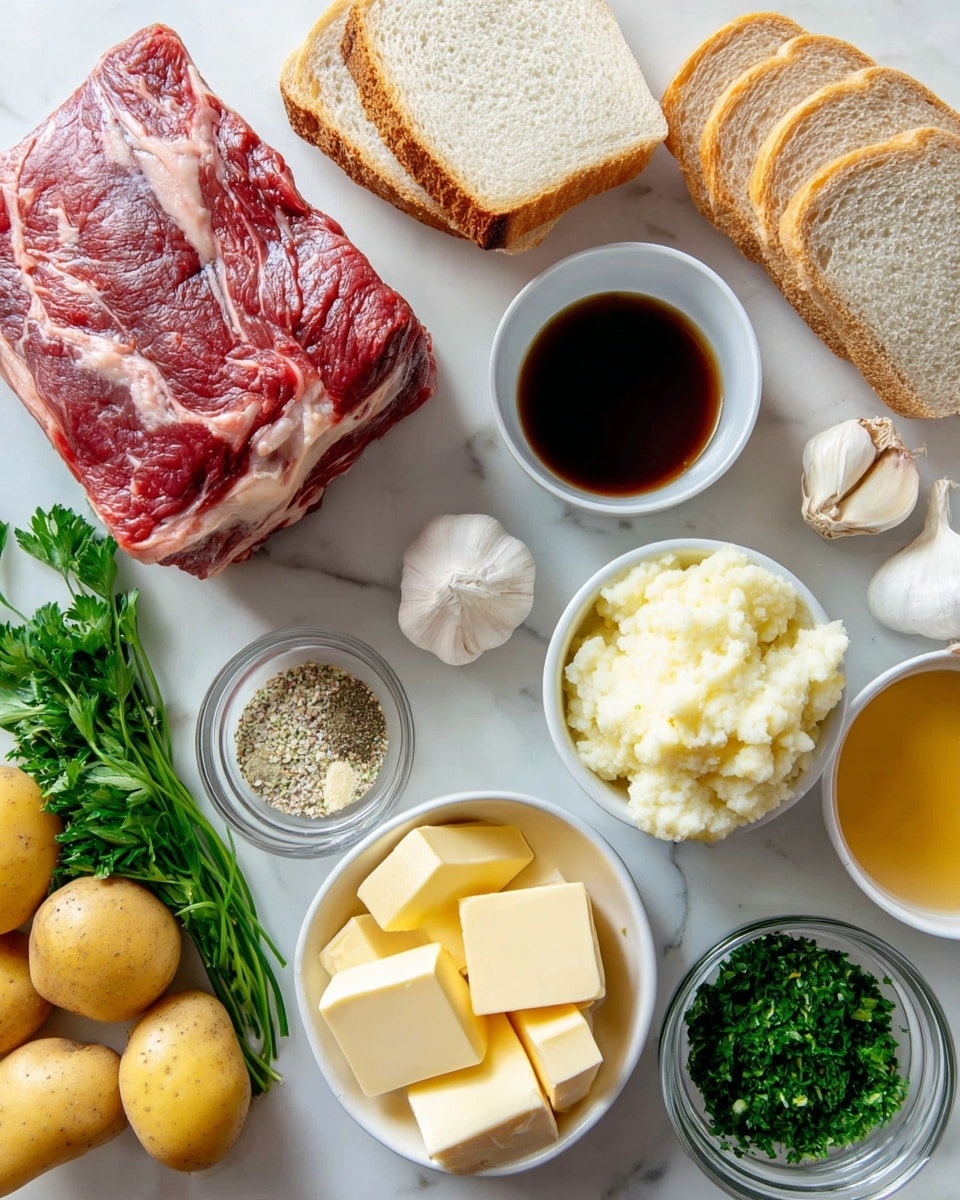 A white marbled surface holds various ingredients neatly arranged: in the top center, a stack of sliced white bread with a light golden crust; to the left, a large block of raw red meat with visible fat marbling; near the center, a small white bowl filled with dark brown liquid, a whole bulb of garlic and a loose garlic clove nearby; below these, a small white bowl with several square pats of pale yellow butter; to the right, a white bowl filled with creamy mashed potatoes showing a soft texture; scattered yellow potatoes frame the scene; at the bottom left, fresh green parsley sprigs and a small glass bowl with mixed dry seasonings in white, beige, and yellow tones; next to it, a similar glass bowl filled with chopped green herbs; and on the right bottom corner, a white bowl holding golden brown broth or oil. photo taken with an iphone --ar 4:5 --v 7