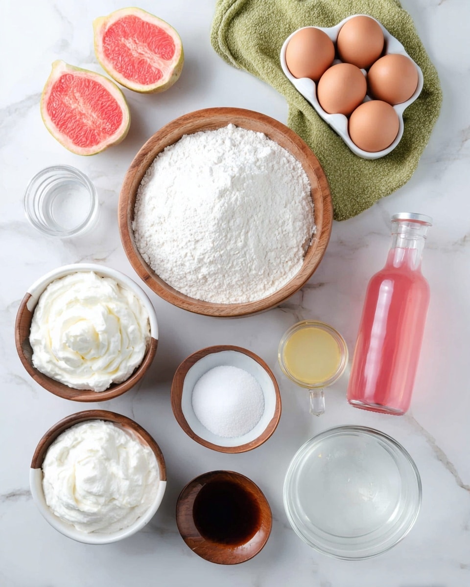 The image shows a top view of several ingredients arranged neatly on a white marbled surface. At the center is a wooden bowl filled with white flour. Surrounding it are a white bowl of thick white cream, three brown eggs in a white egg holder lined with a green cloth, a small wooden bowl of white granulated sugar, a small white bowl with dark brown vanilla liquid, a glass bowl of fluffy whipped cream, a clear jar with water, a small clear glass bowl with a clear liquid, a small wooden bowl with white powder, and a glass bottle filled with pink liquid. Two halves of a pink-fleshed guava fruit sit above the flour bowl. The arrangement is clean and bright with soft natural light photo taken with an iphone --ar 4:5 --v 7