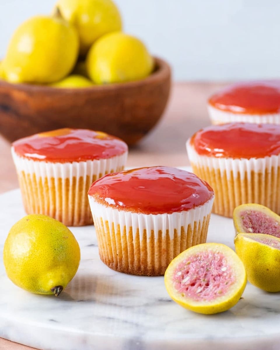 The image shows four cupcakes arranged in a slight curve on a round white marble surface. Each cupcake has three clear layers: a light orange bottom layer with a soft cake texture, a thin middle white cream layer, and a shiny smooth red-orange top layer of glaze. The cupcakes are in white paper liners with vertical ridges. In front of the cupcakes are two small yellow fruits, one whole and one cut in half, revealing a pink inside with small seeds. In the background, there is a wooden bowl filled with more yellow fruits, set against a white marbled surface. The photo taken with an iphone --ar 4:5 --v 7
