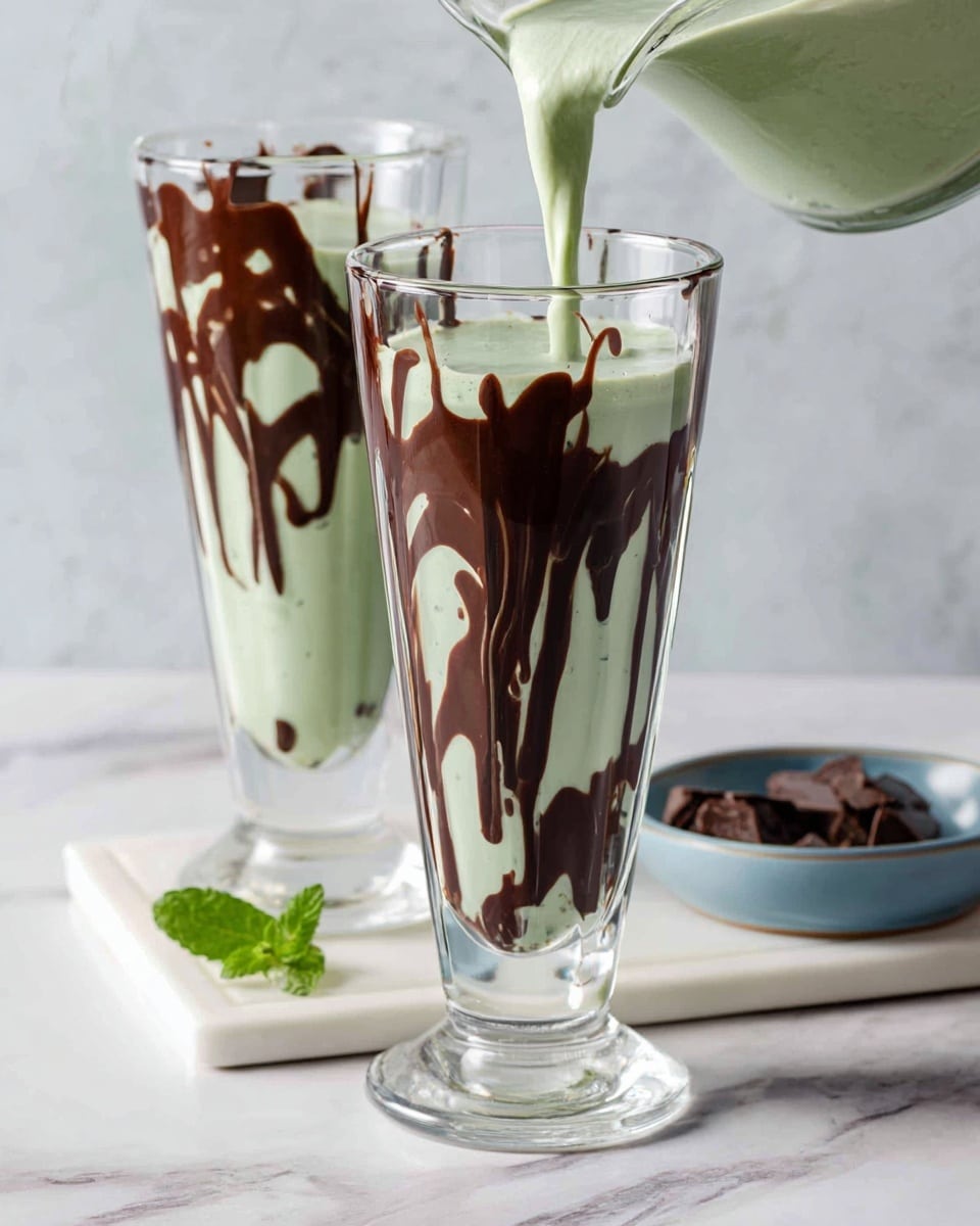 Two tall clear glasses are shown on a white marbled surface, each with dark brown chocolate syrup artfully drizzled inside creating irregular vertical streaks from top to bottom. The front glass is being filled with a thick, light green creamy liquid from a clear pitcher, forming a smooth layer that contrasts with the chocolate streaks. The back glass, similar in style, shows the same syrup lined inside with the green creamy liquid already poured in a few layers. A white tray with a small blue bowl containing chocolate pieces and a green mint leaf are placed beside the glasses. The photo was taken with an iphone --ar 4:5 --v 7