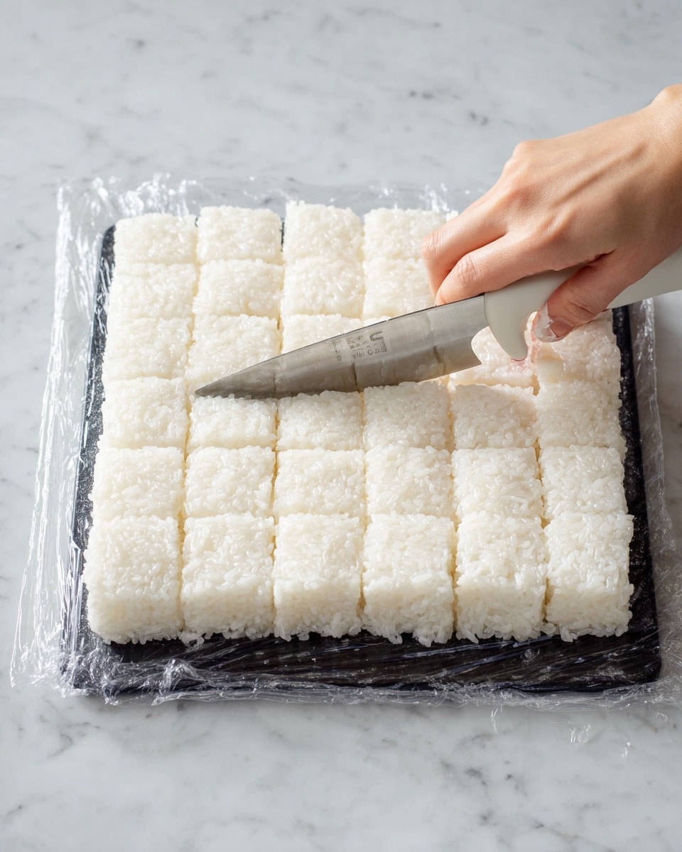 A white marbled surface holds a black cutting board covered with clear plastic wrap, on which a thick, flat layer of white sticky rice is evenly spread and shaped into a rectangle. The rice is being sliced carefully into small square pieces by a woman's hand gripping a silver knife with a white handle. The knife blade is partially embedded in the rice, showing precise cuts forming a grid pattern on the soft, textured rice layer. The photo taken with an iphone --ar 4:5 --v 7