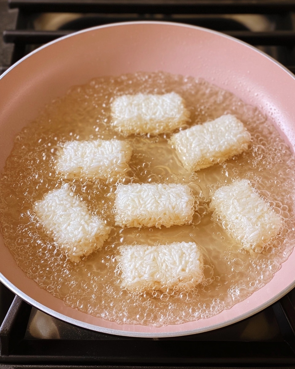 In a light pink pan on a stove, there are seven white rice pieces frying in bubbling clear oil. Each rice piece is rectangular with a rough texture, and the oil bubbles around them showing active frying. The pan has a smooth inner surface with slight oil splashes on the edges. Photo taken with an iphone --ar 4:5 --v 7