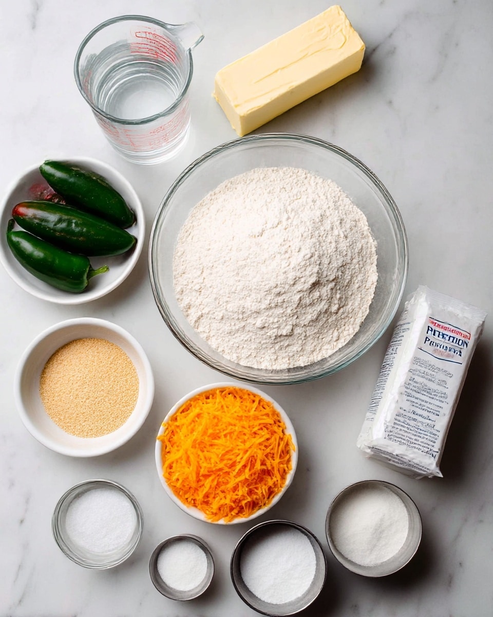 A white marbled surface displays various cooking ingredients arranged neatly. At the center is a large clear glass bowl filled with a mound of white flour that has a soft and powdery texture. Below it sits a white bowl filled with bright orange shredded cheese piled high. To the left, a transparent measuring cup contains clear water. Above the water is a small round glass bowl with light tan yeast granules. On the top left, a white bowl holds several whole dark green jalapeño peppers, with one showing a bit of reddish color. Above the flour is an unopened pale yellow stick of unsalted butter. To the right of the butter, a white packet of platinum yeast stands upright. Nearby are small containers: a gray metal cup with coarse white salt, a clear small bowl with fine white sugar, and another small container with a similar fine white powder. All items are placed on the white marbled surface photo taken with an iphone --ar 4:5 --v 7
