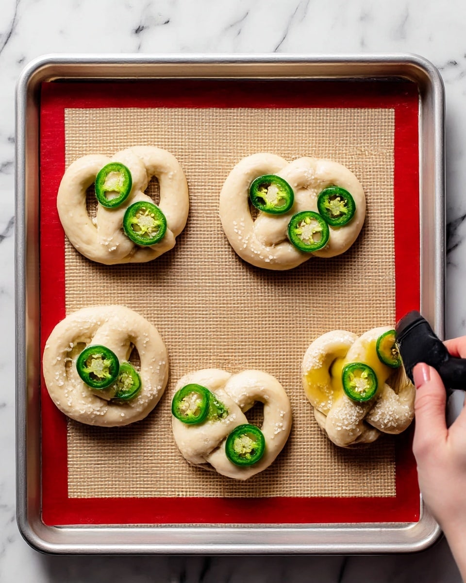 The image shows six small round pretzels of light beige dough on a baking tray lined with a silicone mat. Each pretzel has three slices of green jalapeño pepper placed on top, arranged evenly. The pretzels are arranged in two rows of three. On the right side, a woman's hand is holding a black pastry brush, brushing liquid on one pretzel. The background is a white marbled surface. Photo taken with an iphone --ar 4:5 --v 7