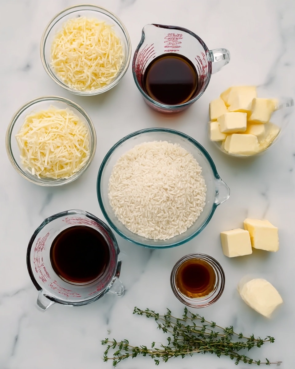 The image shows seven clear glass containers placed on a white marbled surface. At the center is a bowl filled with uncooked white rice. Above it are two measuring cups with dark liquids, one slightly lighter than the other. To the left, there are two small bowls with shredded cheese, one with pale yellow cheese and the other with white cheese. On the right, there is a small bowl with cubes of butter and a tiny glass with a small amount of dark brown liquid. At the bottom, a few green sprigs of thyme lie on the surface. All items are neatly arranged, seen from above. photo taken with an iphone --ar 4:5 --v 7