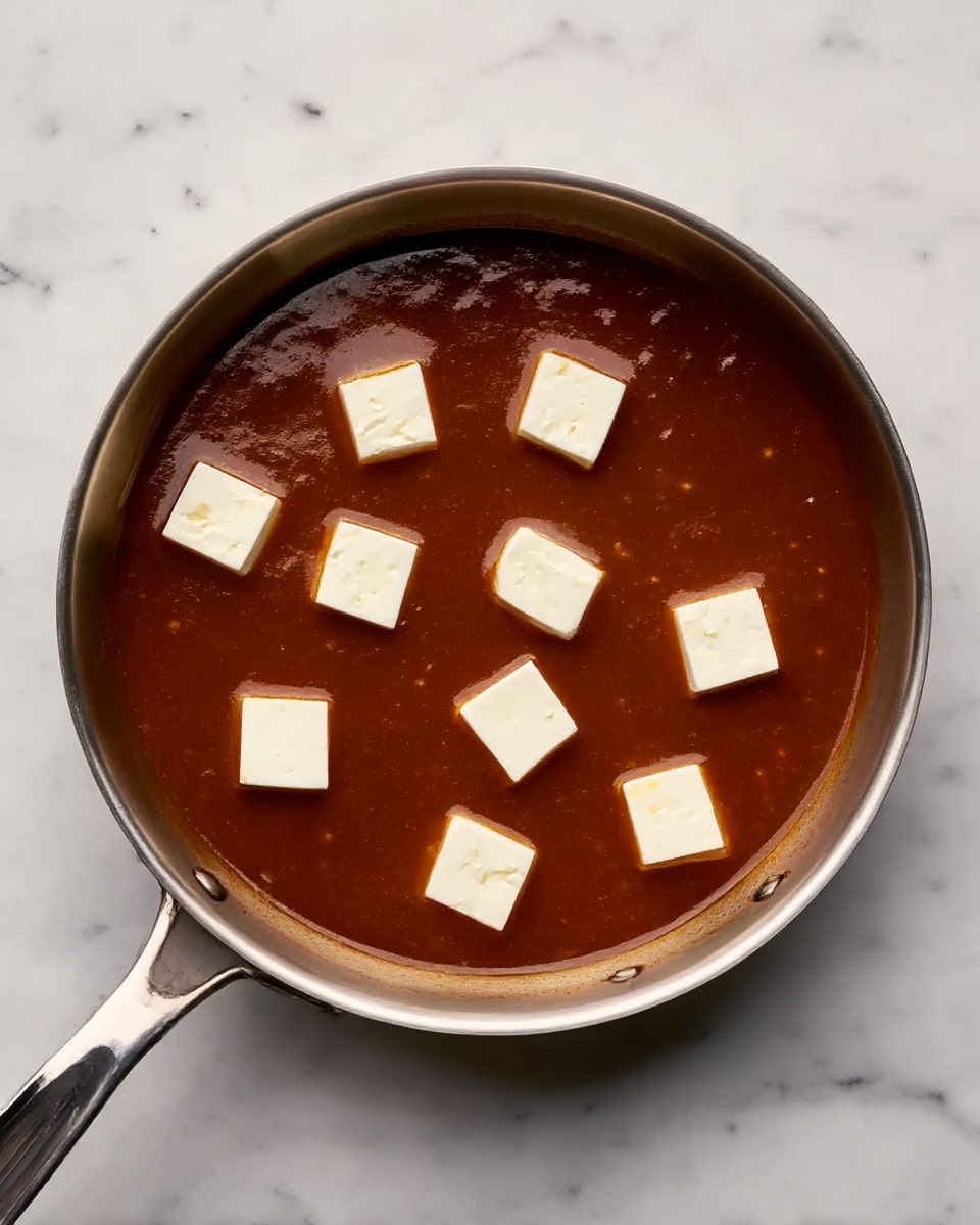 A shiny metal pan filled with a thick, dark brown sauce. On top of the sauce, there are nine evenly spaced small white cheese squares floating. The pan is placed on a white marbled surface, and the light reflects softly on both the sauce and the metal pan's handle. The scene is clean and simple with no extra items around photo taken with an iphone --ar 4:5 --v 7