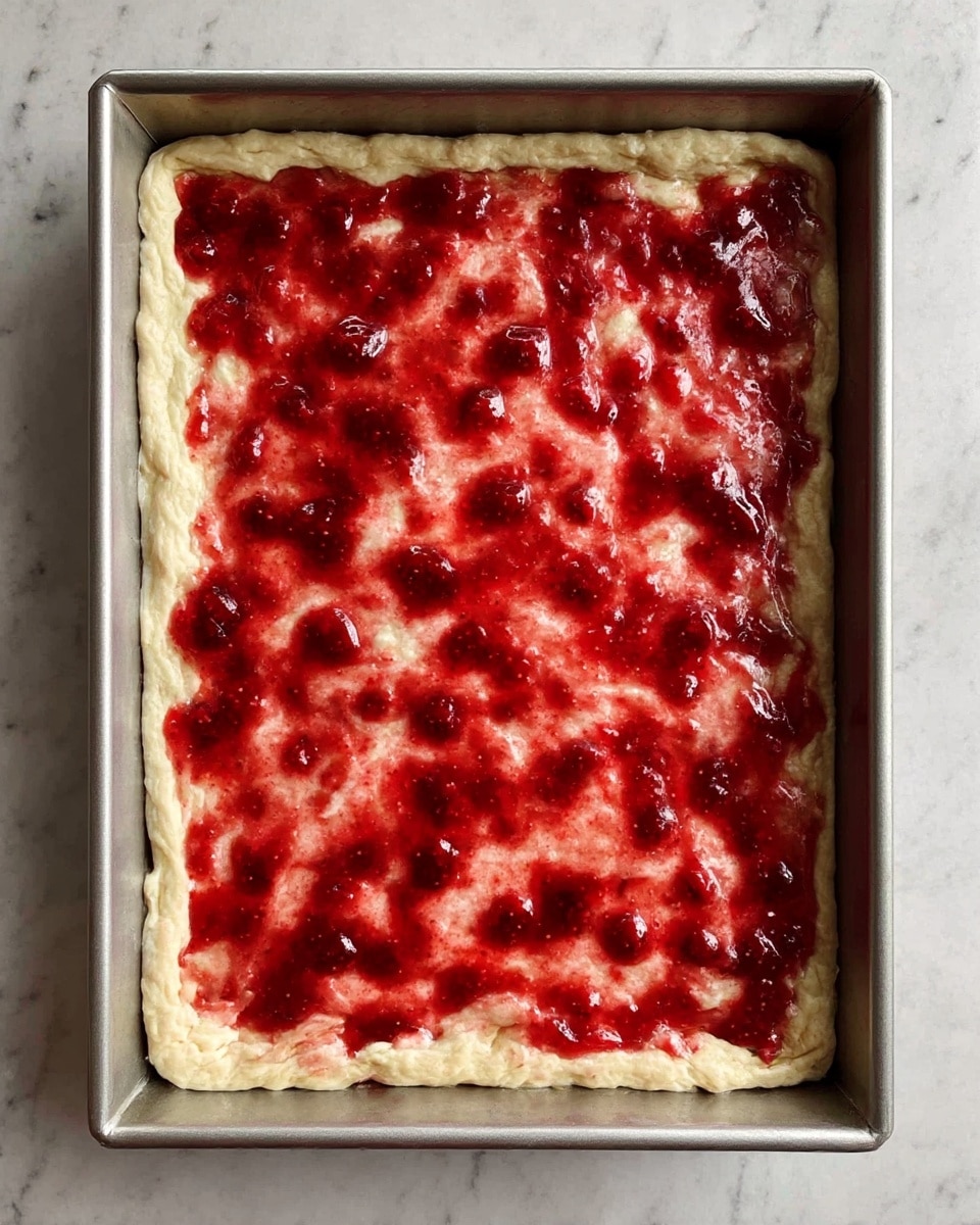 A metal rectangular baking pan holds one thick layer of pale, puffy dough that is uneven and soft in texture. Spread over the dough is a bright red, slightly shiny fruit jam with visible pieces of fruit, creating an irregular pattern that covers most of the dough surface. The pan sits on a surface with a white marbled texture. photo taken with an iphone --ar 4:5 --v 7