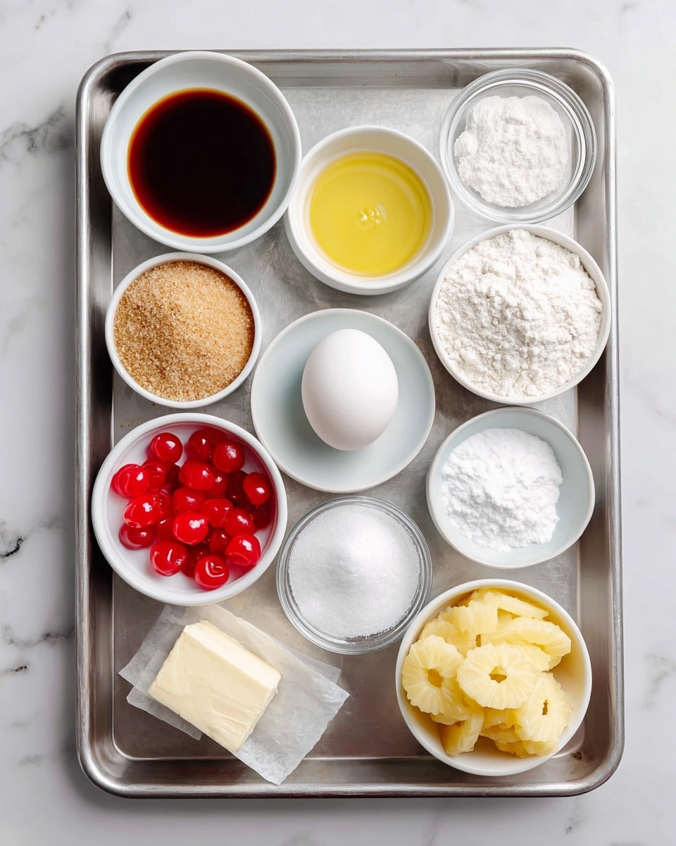 The image shows a metal tray on a white marbled surface with ten small white bowls and one egg neatly arranged. The top left bowl contains dark brown vanilla extract, next to it is a bowl with light yellow vegetable oil. To the right is a bowl filled with white all-purpose flour. Below the vanilla extract, a bowl holds white powdered sugar. In the center of the tray, a white egg sits alone. To the right of the egg, another bowl is filled with white granulated sugar. Just below the powdered sugar, a clear bowl contains white baking soda and baking powder. Below the egg, a small bowl holds bright red maraschino cherries. At the bottom left, a bowl is filled with light to medium brown sugar, while next to it is a white stick of butter wrapped in paper. The bottom right corner has a bowl filled with pale yellow pineapple rings. The arrangement is clean, with each ingredient clearly visible and separated photo taken with an iphone --ar 4:5 --v 7