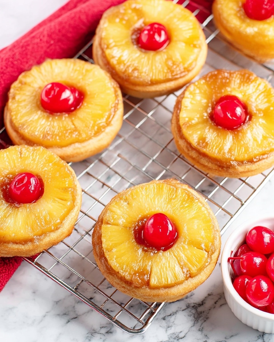 The image shows five pineapple upside-down cake rounds arranged on a silver wire cooling rack over a white marbled surface. Each round has three visible layers: a light golden-brown cake base, a ring of caramelized brown sugar topping, and a bright yellow pineapple slice with a shiny red cherry in the center. To the bottom right, there is a small white bowl filled with extra bright red cherries. A soft red cloth is partially visible underneath the cooling rack on the top side. The lighting is bright, enhancing the shiny and moist textures of the pineapples and cherries photo taken with an iphone --ar 4:5 --v 7