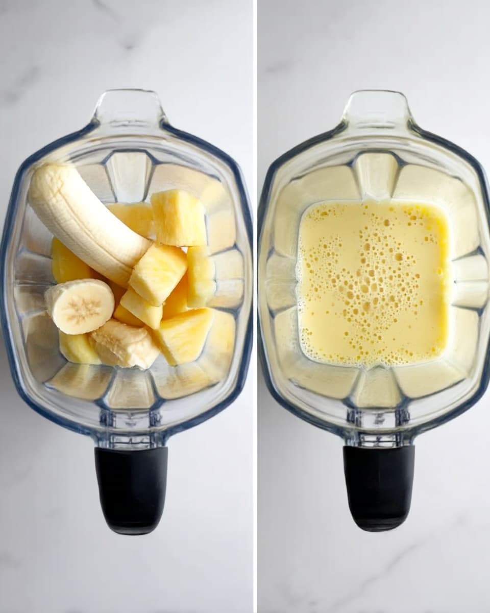 The image shows two glass blender jars with clear and black handles placed on a white marbled surface. The left jar contains two peeled bananas and several chunks of pineapple at the bottom, showing a mix of pale yellow, cream, and light yellow colors with a smooth texture. The right jar is filled with a light yellow smooth liquid with small bubbles on top, indicating a blended fruit mixture. Both jars are viewed from above, highlighting the contents against the transparent glass walls of the blenders. photo taken with an iphone --ar 4:5 --v 7
