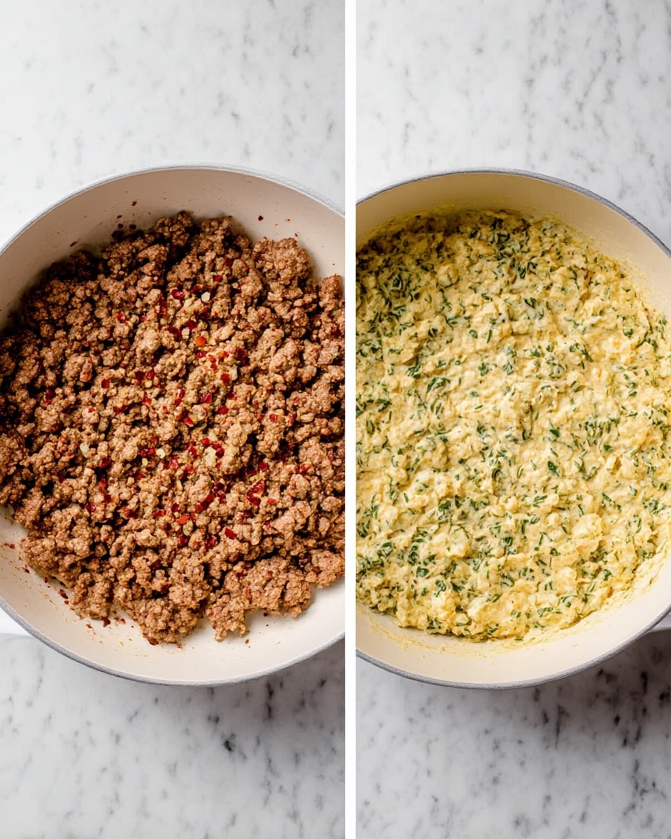 The left image shows a white skillet filled with cooked ground meat, browned evenly with small chunks and bits of red seasoning scattered throughout, sitting on a white marbled surface. The right image shows the same white skillet now containing a creamy yellow mixture with green herbs mixed in, with a soft, fluffy texture and some small curds visible, also on a white marbled surface. photo taken with an iphone --ar 4:5 --v 7