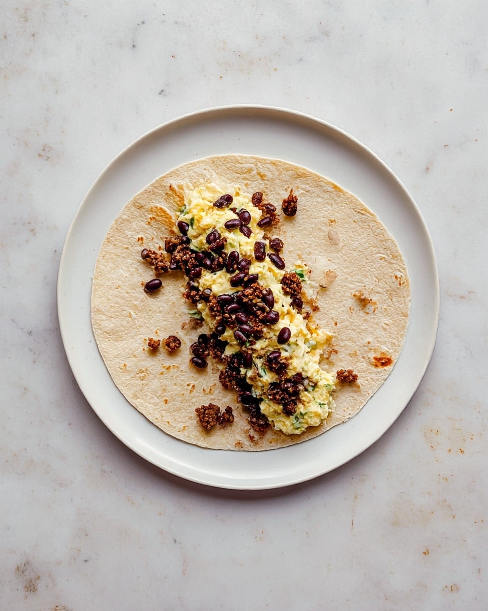 A single light brown tortilla lies flat on a white plate over a white marbled surface, topped in the center with a scattered layer of small dark brown beans, beneath which is a creamy, pale yellow egg salad mixed with green herbs, and small pieces of crumbly brown cooked meat are spread lightly underneath and around the egg salad. photo taken with an iphone --ar 4:5 --v 7