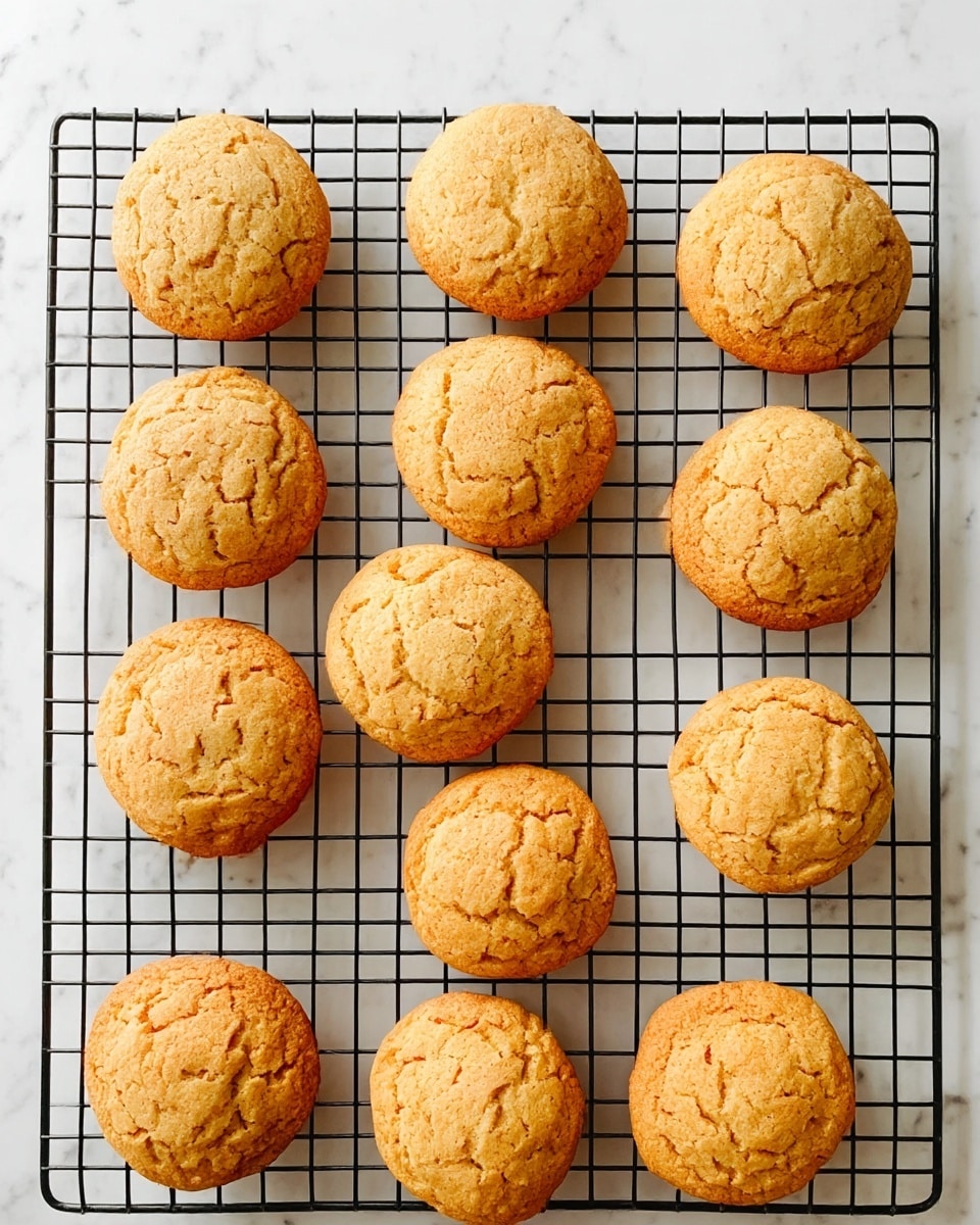Twelve round, golden-brown cookies with cracked tops are evenly spaced on a black wire cooling rack. The cookies have a soft, slightly rough texture and are arranged in three rows on the rack, which sits on a white marbled surface. The overall look is warm and fresh. Photo taken with an iphone --ar 4:5 --v 7