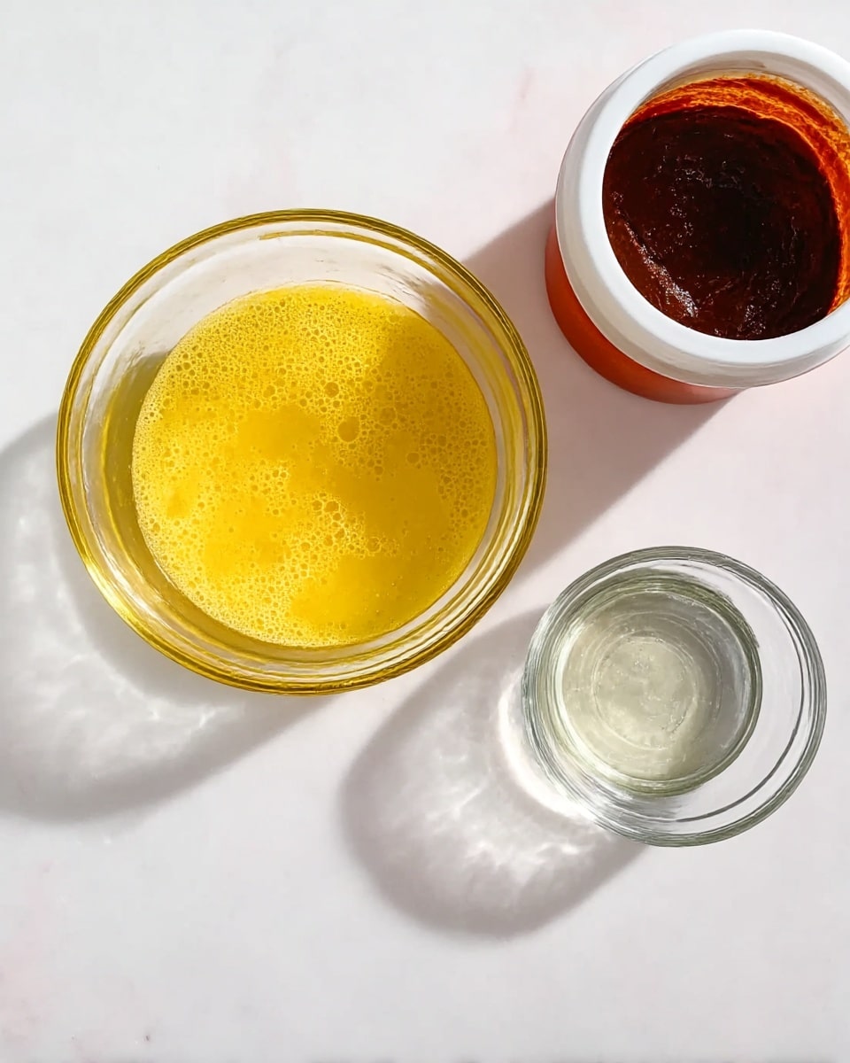 A clear glass bowl in the center contains a yellow liquid mixture with small bubbles on the surface. To the top right, there is a white container filled with a thick dark brown substance. At the bottom right, a small clear glass bowl holds a transparent liquid. All items are placed on a white marbled surface, showing soft shadows under the bowls. photo taken with an iphone --ar 4:5 --v 7