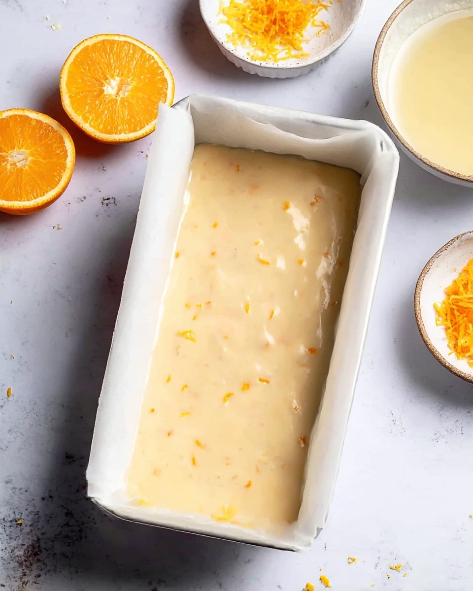 A white rectangular loaf pan lined with white paper holds a smooth, creamy, pale orange batter speckled with small orange zest bits. On the white marbled surface around the pan, there are two halves of a squeezed orange, a small white bowl with some grated orange peel, and part of another bowl with liquid visible. The scene is bright and clean, showing the batter ready to bake. photo taken with an iphone --ar 4:5 --v 7