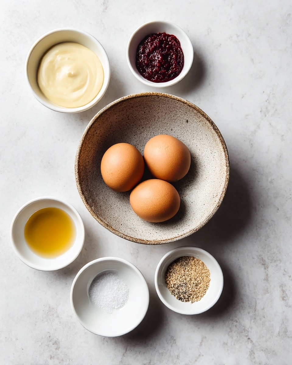 The image shows six small white bowls placed on a white marbled surface. The central bowl, which is slightly larger and rustic in style, contains four brown eggs. Surrounding this bowl, the top left bowl holds a smooth light yellow creamy substance, and the top middle bowl contains a dark red thick paste. Below, the bottom left bowl contains a clear golden liquid, the bottom right bowl has a mix of white salt and black ground pepper, and the right middle bowl contains a small amount of a light tan granular substance. The bowls are arranged in a loose circle around the central bowl. photo taken with an iphone --ar 4:5 --v 7