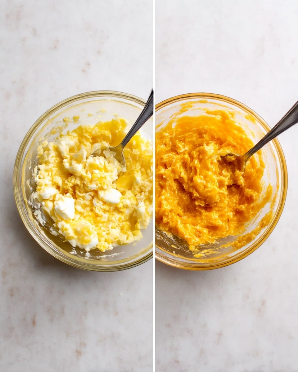 Two clear glass bowls are placed side by side on a white marbled surface. The left bowl contains a mixture of roughly mashed hard-boiled eggs with visible yellow yolks and white egg whites, giving a yellow and white texture. A silver spoon is resting inside the bowl, partially covered in the egg mixture. The right bowl contains the same mixture but now combined with a thick, creamy orange sauce, creating a textured orange and white mix. Another silver spoon is inside this bowl, coated with the orange mixture. Photo taken with an iphone --ar 4:5 --v 7