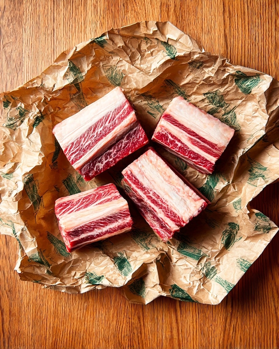 Four thick pieces of raw beef ribs are placed on crumpled brown paper with green vegetable prints, sitting on a wooden surface. The beef ribs show distinct layers of white fat and red meat with detailed marbling. Each rib piece is rectangular and slightly angled, with thick white fat layers on the top edges and rich red meat in the center. The brown paper is wrinkled and spread unevenly under the ribs, creating texture contrast against the wood grain background. photo taken with an iphone --ar 4:5 --v 7