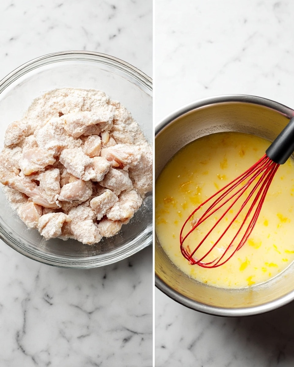 The image shows two side-by-side bowls on a white marbled surface. On the left, a clear glass bowl holds many small pieces of chicken coated in a light layer of flour, creating a powdery, pale texture covering the pink meat underneath. On the right, a metal mixing bowl contains a pale yellow liquid mixture with small bits of yellow zest scattered throughout, and a red whisk with a black handle resting inside the bowl. Both bowls are centered in the frame with bright and even lighting. photo taken with an iphone --ar 4:5 --v 7