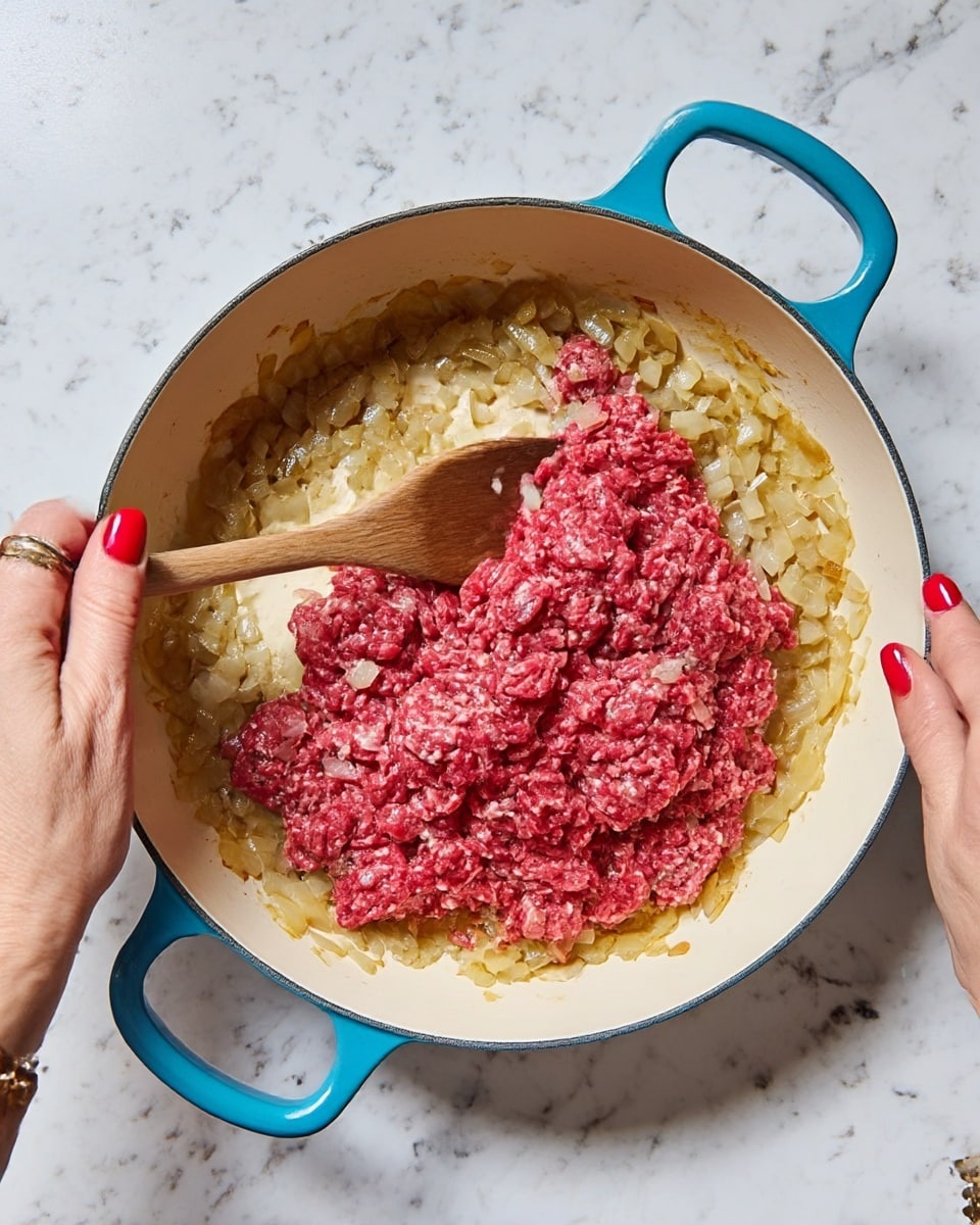 A white pan with two sky blue handles shows cooked golden-brown onions spread in a ring around the edges. In the center is raw red ground meat loosely spread. A woman's hand with red nail polish holds a wooden spoon stirring the meat, while the other woman's hand is placed on the left side of the pan. The surface underneath is white marble texture. Photo taken with an iphone --ar 4:5 --v 7