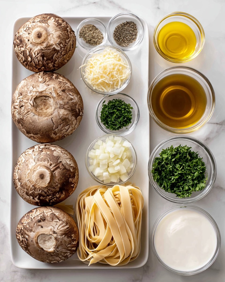 Four large brown portobello mushrooms with textured tops are lined vertically on a white rectangular plate placed in the center on a white marbled surface. To the right, a neat bundle of beige, flat pappardelle pasta sits beside small clear glass bowls holding finely grated pale yellow Parmigiano-Reggiano, bright green chopped fresh parsley, and minced garlic. Above the mushrooms, there are four more small clear glass bowls containing golden extra virgin olive oil, coarse white kosher salt, dark green fresh thyme, and speckled black pepper. To the left side of the mushrooms, there are diced white-yellow yellow onions in a small bowl, a larger bowl filled with amber chicken bone broth, and a small bowl of smooth, white heavy cream. All ingredients are cleanly arranged on the white marbled surface photo taken with an iphone --ar 4:5 --v 7