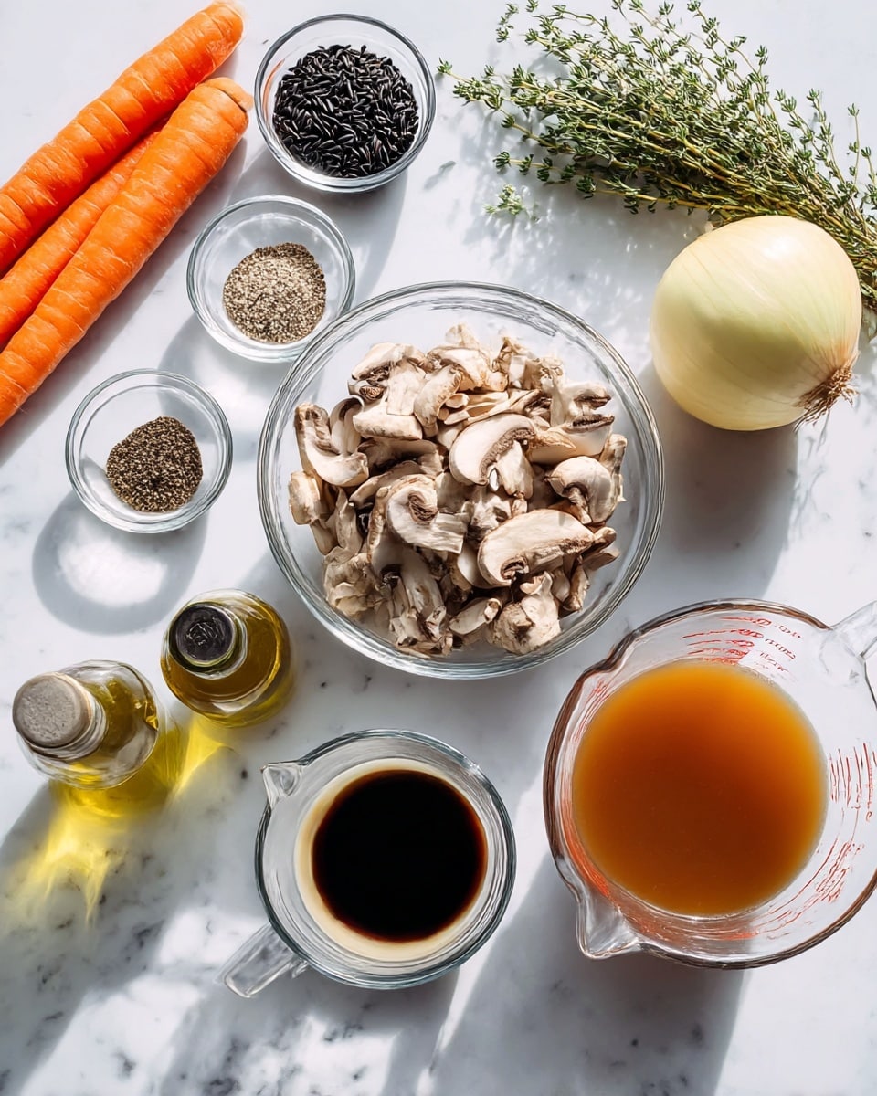The image shows various ingredients laid out on a white marbled surface. There is a clear glass bowl filled with sliced mushrooms in the center. To the left, there are two whole carrots, a small clear bowl of black wild rice, and another small bowl with salt and pepper. Below are a small glass bottle of olive oil and a small bowl with dark soy sauce. To the right of the mushrooms, there is a bunch of fresh green thyme and a whole yellow onion. In front are two clear glass measuring cups, one filled with cream and the other with brown broth. The lighting is bright and natural, highlighting the fresh textures of the ingredients. Photo taken with an iphone --ar 4:5 --v 7