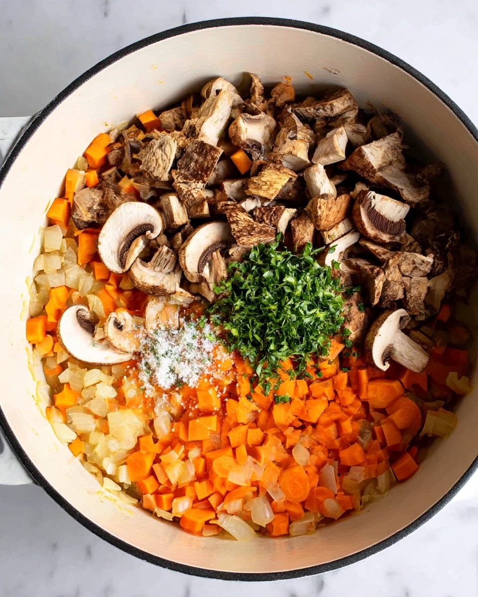 A white pot filled with a mix of chopped orange carrots and translucent cooked onions spread evenly as the base layer. On top of this base, a large pile of chopped brown mushrooms covers about half the pot on one side, showing different shapes and sizes with rough textures. Near the center, there is a small heap of fresh green herbs, adding a bright splash of color. A light sprinkle of white salt is visible on top of the mushrooms and near the herbs. The pot sits on a white marbled surface. Photo taken with an iphone --ar 4:5 --v 7