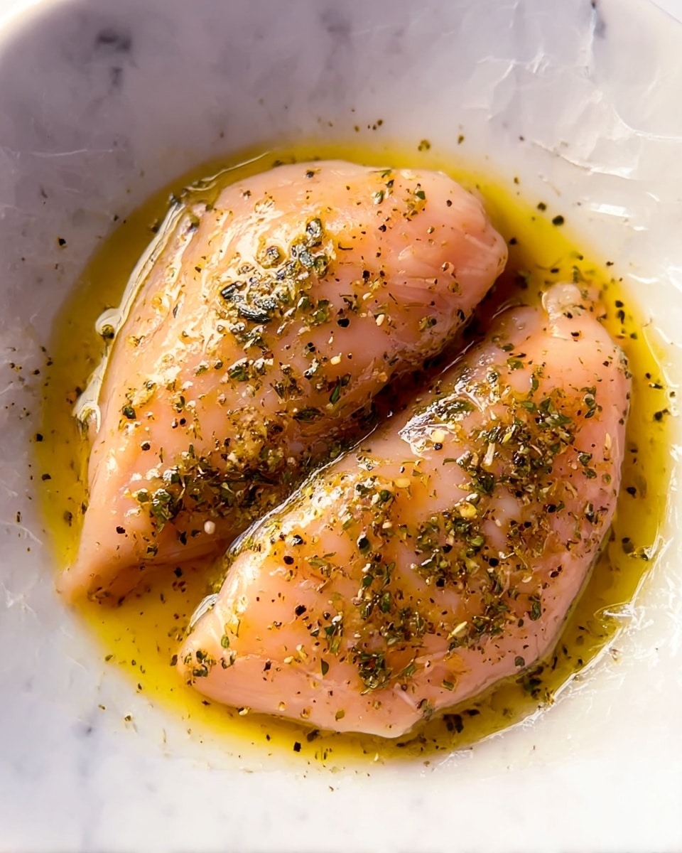 The image shows two pieces of raw chicken in a white bowl, covered with oil and herbs. The chicken pieces are light pink with a wet, shiny texture from the oil. Small green and black specks of herbs and seasoning are scattered all over the chicken, with the oil pooling around the edges of the bowl. The bowl sits on a white marbled surface, adding a clean and simple look. Photo taken with an iphone --ar 4:5 --v 7