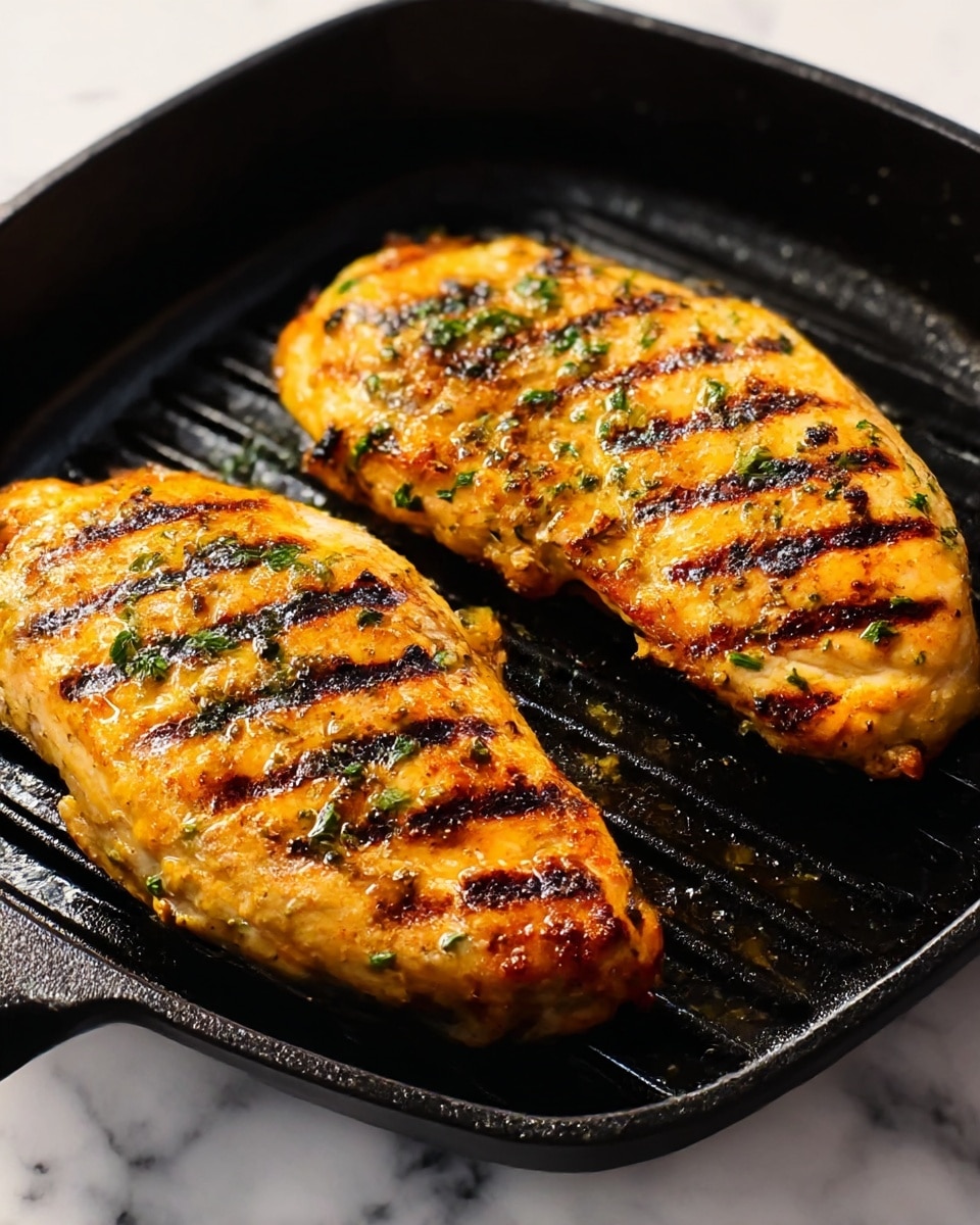 The image shows two large pieces of orange-brown grilled chicken with dark grill marks on top, lying side by side in a black grill pan. The chicken pieces have a slightly shiny, textured surface with small burnt spots and herbs sprinkled on them. The pan has raised ridges that created the grill marks and is placed on a white marbled surface. The lighting highlights the juicy texture of the chicken, making it look warm and freshly cooked. photo taken with an iphone --ar 4:5 --v 7