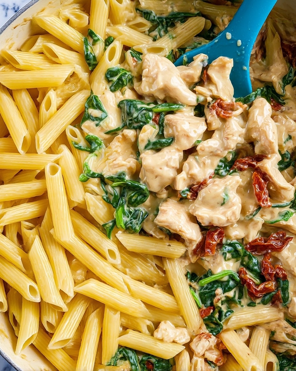 A close-up view of a creamy pasta dish with penne pasta. The dish has two main layers: the plain yellow penne pasta on one side and a mixed creamy sauce with chunks of light-colored chicken, green spinach leaves, and small pieces of sun-dried tomatoes on the other side. The sauce looks smooth and slightly shiny, coating the pasta and ingredients. A blue silicone spatula is partially visible, lifting a portion of the saucy pasta mix. The background surface is white with a marbled texture. Photo taken with an iphone --ar 4:5 --v 7