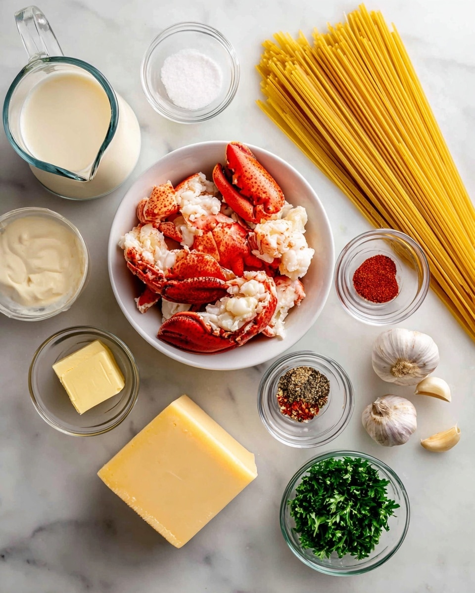 A white marbled surface holds all the ingredients for a creamy lobster pasta. In the center, a white bowl contains bright red and white lobster meat. Around the bowl, there are small clear bowls and a glass container with different spices: white salt, red paprika, and black pepper. Chopped green parsley sits in another small clear bowl on the right. Two peeled garlic cloves are placed beside the parsley. To the left, there is a glass measuring cup filled with heavy cream, a small clear bowl with a chunk of yellow butter, and a large single block of pale yellow parmesan cheese in its packaging. Yellow uncooked pasta sticks rest diagonally in the top right corner. The photo was taken with an iphone --ar 4:5 --v 7