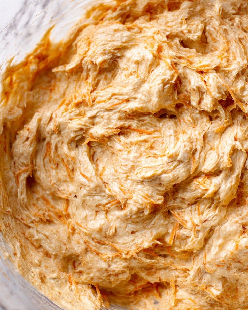 The image shows a close-up view of a creamy mixture with a thick, chunky texture. The base is a smooth light beige color with many small, shredded orange bits mixed throughout, creating a rough, swirled surface. The mixture fills a bowl and looks dense and sticky, with uneven peaks and swirls that catch light softly. The background is a white marbled texture. photo taken with an iphone --ar 4:5 --v 7