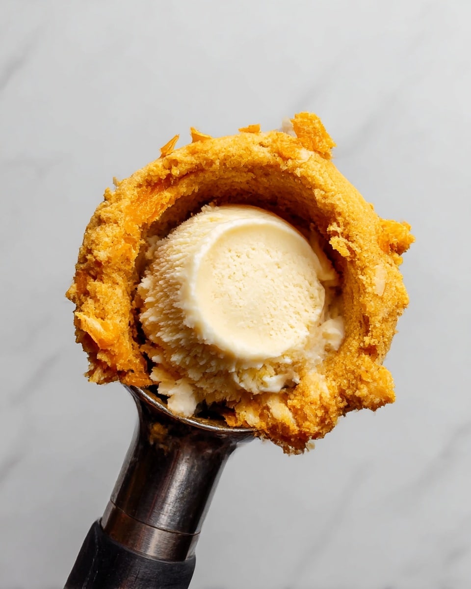 A close-up shot of an ice cream scoop filled with two layers: the outer layer is a textured, golden-orange dough or batter with small pieces of orange visible, slightly rough and fluffy, forming a ring around the inside. The inner layer is a smooth, creamy, off-white ice cream filling snugly placed in the center of the dough. The scoop is metal with a dark handle, held against a smooth white marbled background. Photo taken with an iphone --ar 4:5 --v 7