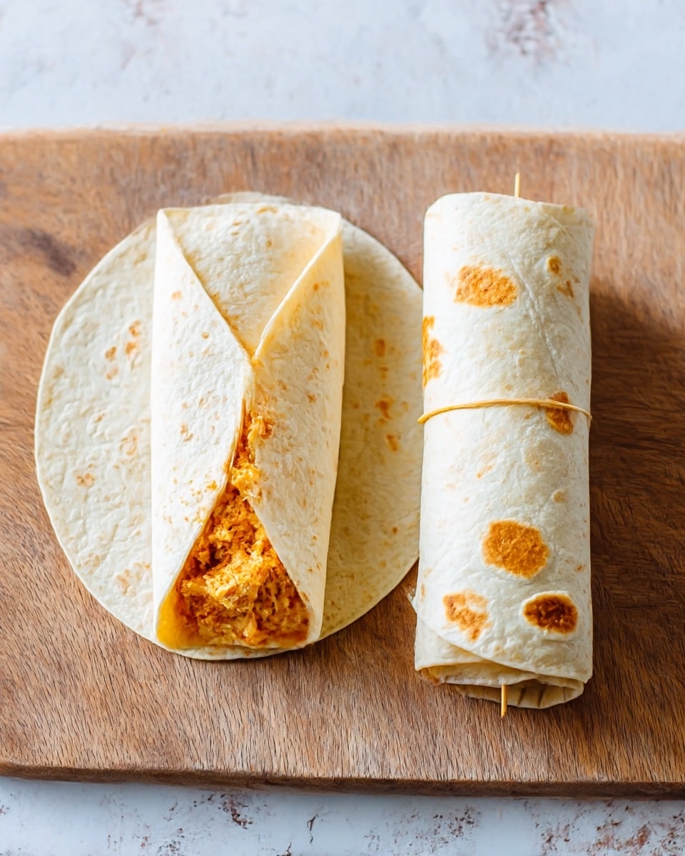 The image is split into two parts. On the left side, there is a large clear glass bowl filled with a thick orange mixture that looks creamy and textured with small chunks. A green spatula is inside the bowl, partially covered in the same mixture. On the right side, there is a white flour tortilla laid flat on a wooden board with a single scoop of the orange mixture placed slightly off-center. The background surface is a white marbled texture. Photo taken with an iphone --ar 4:5 --v 7