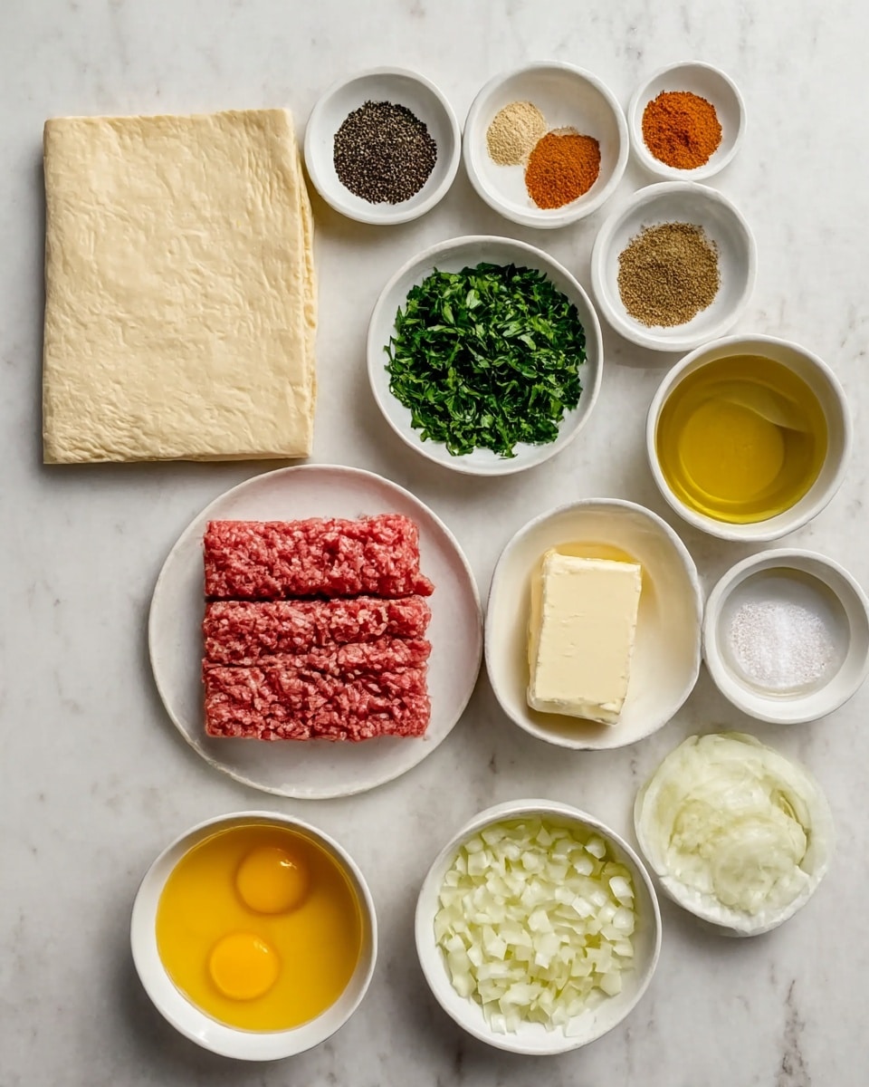 The image shows an overhead view of cooking ingredients grouped neatly on a white marbled surface. Starting from the left, there is a folded sheet of light beige dough. To the right, small white bowls hold various spices in different colors: black pepper, reddish paprika, brown cinnamon, and a mix of brown cumin powder. A medium white bowl contains finely chopped green parsley, and another holds coarse white salt. Butter is placed solid and pale yellow in a white bowl. Next to it, a larger white bowl contains clear golden oil. Below the spices and herbs, a white plate shows raw ground meat in a pinkish-red shade. Adjacent to it, another white bowl contains light yellow chopped onions, and below that, a bowl with beaten eggs that have a bright yellow color. The bowls and plates are arranged in a clean, organized way on the surface. photo taken with an iphone --ar 4:5 --v 7