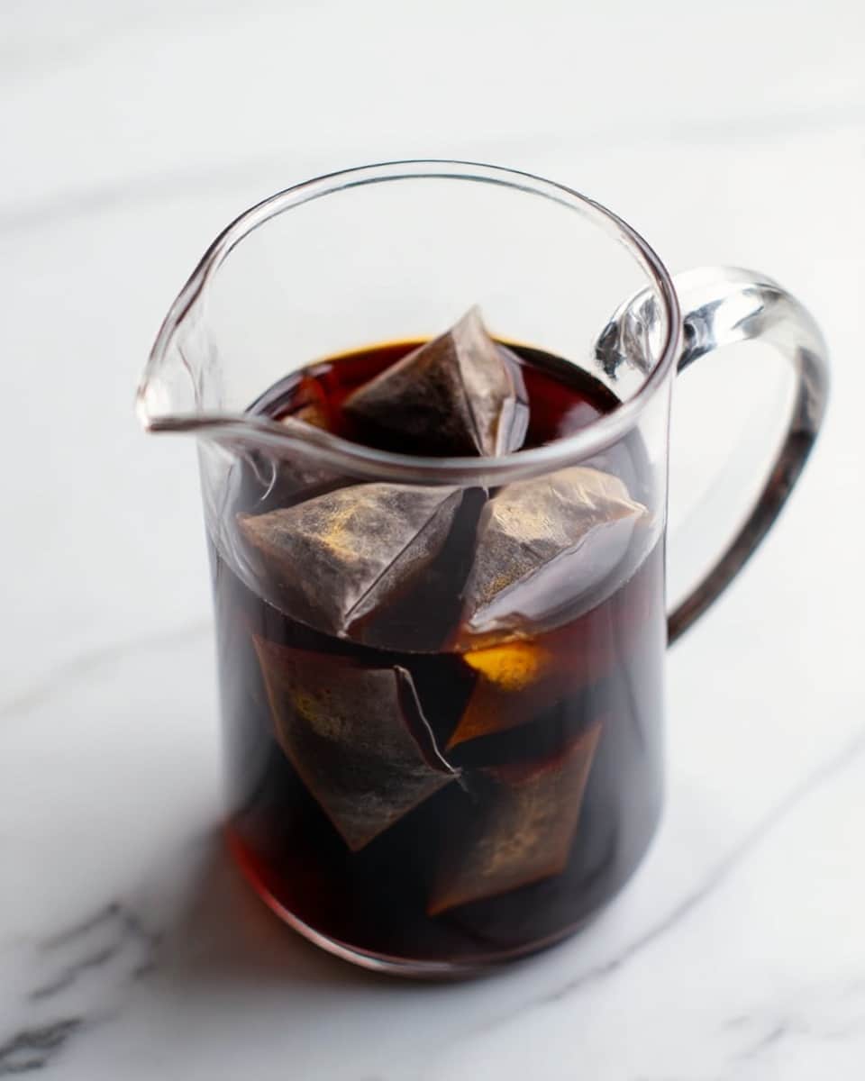 A clear glass pitcher sits on a white marbled surface filled with dark brown liquid, with several soaked tea bags floating on top. The liquid is deep and rich in color with lighter patches where the tea bags create subtle variations. The pitcher has a simple handle and a spout, and the background is softly blurred, keeping all attention on the dark tea inside. The scene looks calm and fresh, showing the brewing process clearly. photo taken with an iphone --ar 4:5 --v 7