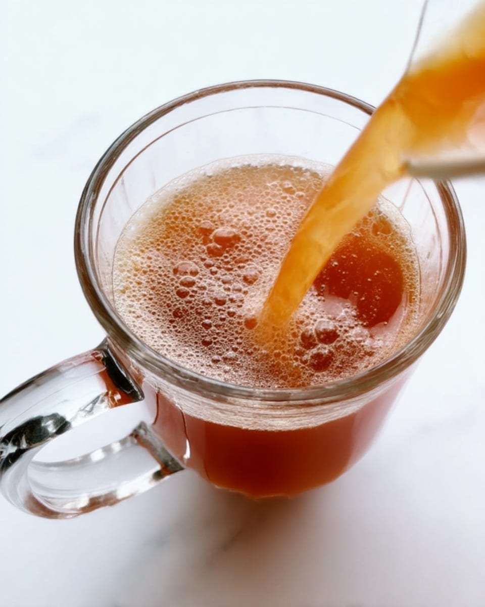A clear glass cup is shown from a top side view with a fresh amber brown liquid being poured into it, creating a frothy, bubbling surface layer. The glass has a sturdy handle on the left side. The background is a white marbled texture, clean and bright. The liquid catches the light softly, showing a smooth and fresh texture. photo taken with an iphone --ar 4:5 --v 7