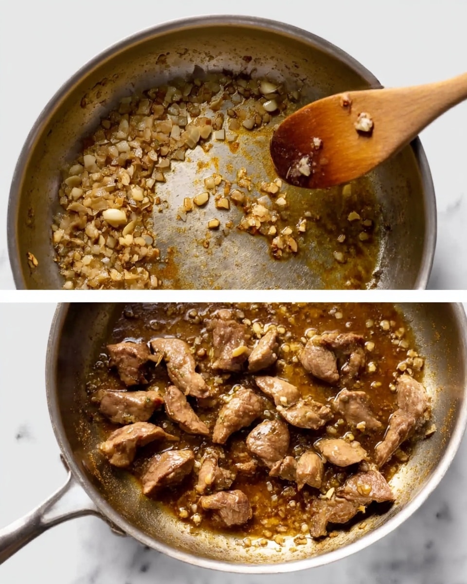 Two close-up images of a cooking pan placed on a white marbled surface. The first image shows a silver pan with sautéed small pieces of onions or garlic lightly browned and spread across the greasy shiny pan bottom with a wooden spoon resting inside, its round flat head hovering above the pan with some small bits stuck on it. The second image shows the same pan now filled with several pieces of cooked brown chicken liver sitting in a brownish oily sauce, mixed with the small bits of onions or garlic at the bottom around the pieces. Photo taken with an iphone --ar 4:5 --v 7