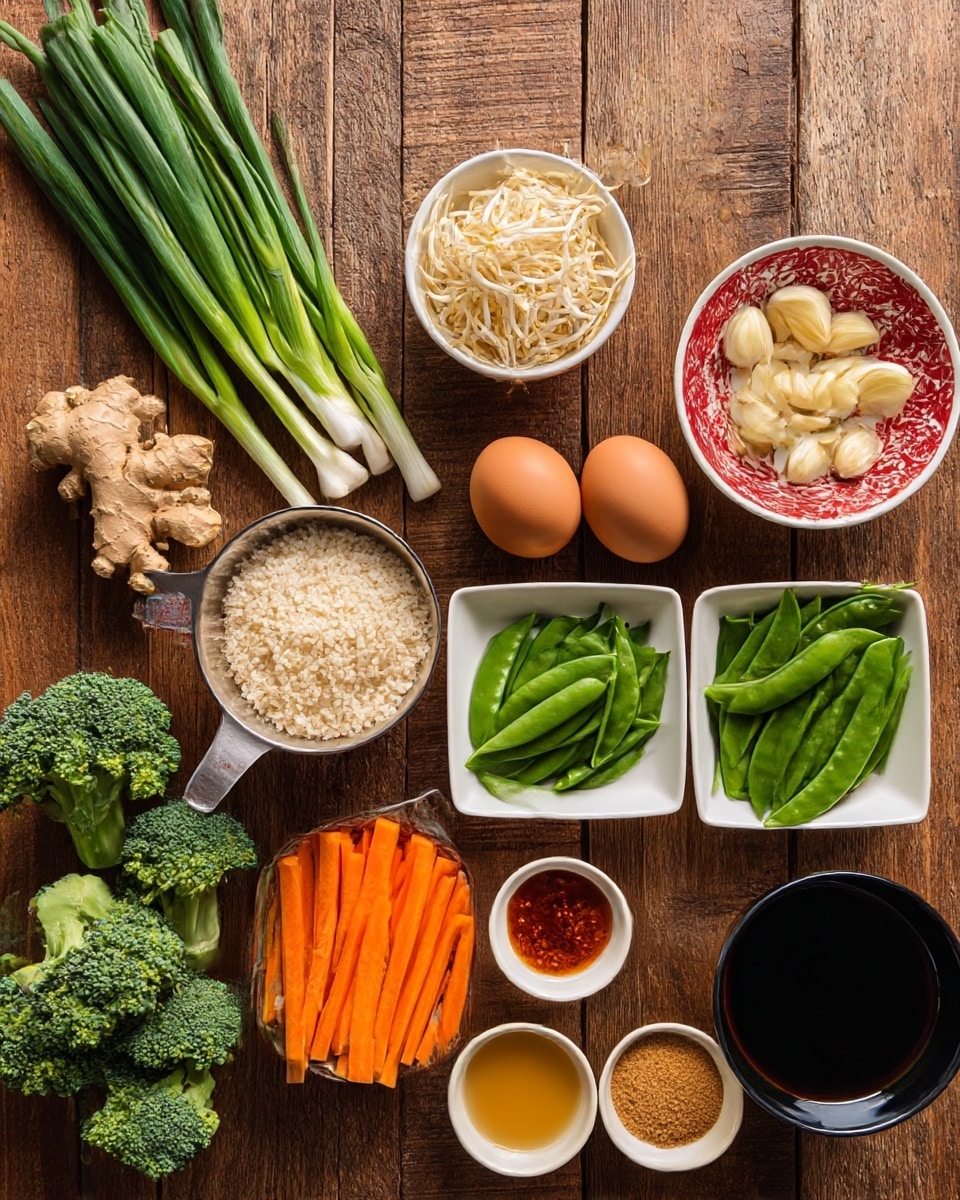 The image shows a top view of many fresh ingredients neatly arranged on a wooden surface. At the top left, there are several green onions with long green leaves and white bottoms next to a piece of ginger root with a rough texture. Below them, a small white bowl holds white bean sprouts, and next to it, a small white bowl with two brown eggs resting on a red patterned dish. Towards the center are peeled garlic cloves in a small beige bowl and fresh green snow peas in a white square dish. Below these, thin orange carrot sticks sit in a white bowl beside a small metal measuring cup filled with uncooked white rice. At the bottom left, there are fresh green broccoli stalks with dense heads. On the right side, there is a black cup with a dark liquid, possibly soy sauce, and next to it, a white bowl filled with brown sugar. Below that, a small beige bowl holds a red chili paste, and three small white bowls with different light brown and green liquids complete the set. photo taken with an iphone --ar 4:5 --v 7