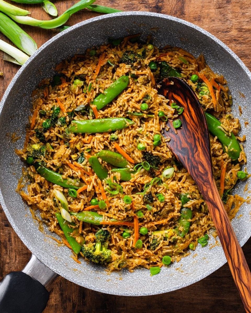 The image shows a gray speckled pan filled with fried rice mixed with thin orange carrot strips, green snap peas, small broccoli pieces, and light green chopped scallions. The rice is a light brown color, cooked with a sauce, scattered throughout with the vegetables, creating a colorful mix. A wooden spoon with dark and light wood grain patterns rests in the pan. The pan is on a wooden surface with a few slices of green onions visible near the top left corner. Photo taken with an iphone --ar 4:5 --v 7
