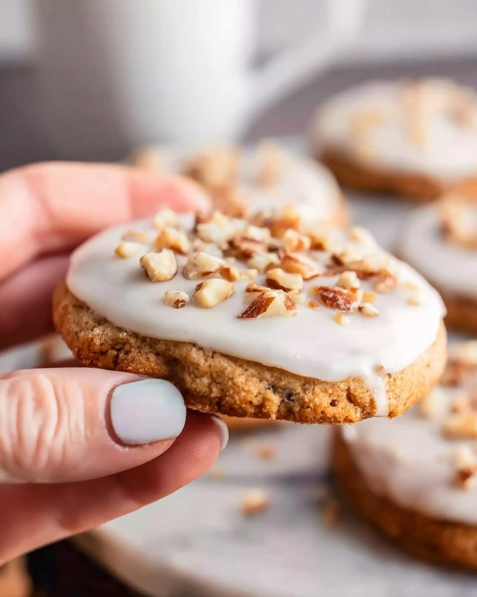 A close-up image shows a woman's hand holding a round cookie topped with a smooth, white icing layer and scattered chopped nuts. The cookie is golden brown with a slightly crumbly texture visible at the edges. In the background, more cookies rest on a white marbled surface, softly out of focus, with neutral tones and soft lighting creating a warm and inviting feel. photo taken with an iphone --ar 4:5 --v 7
