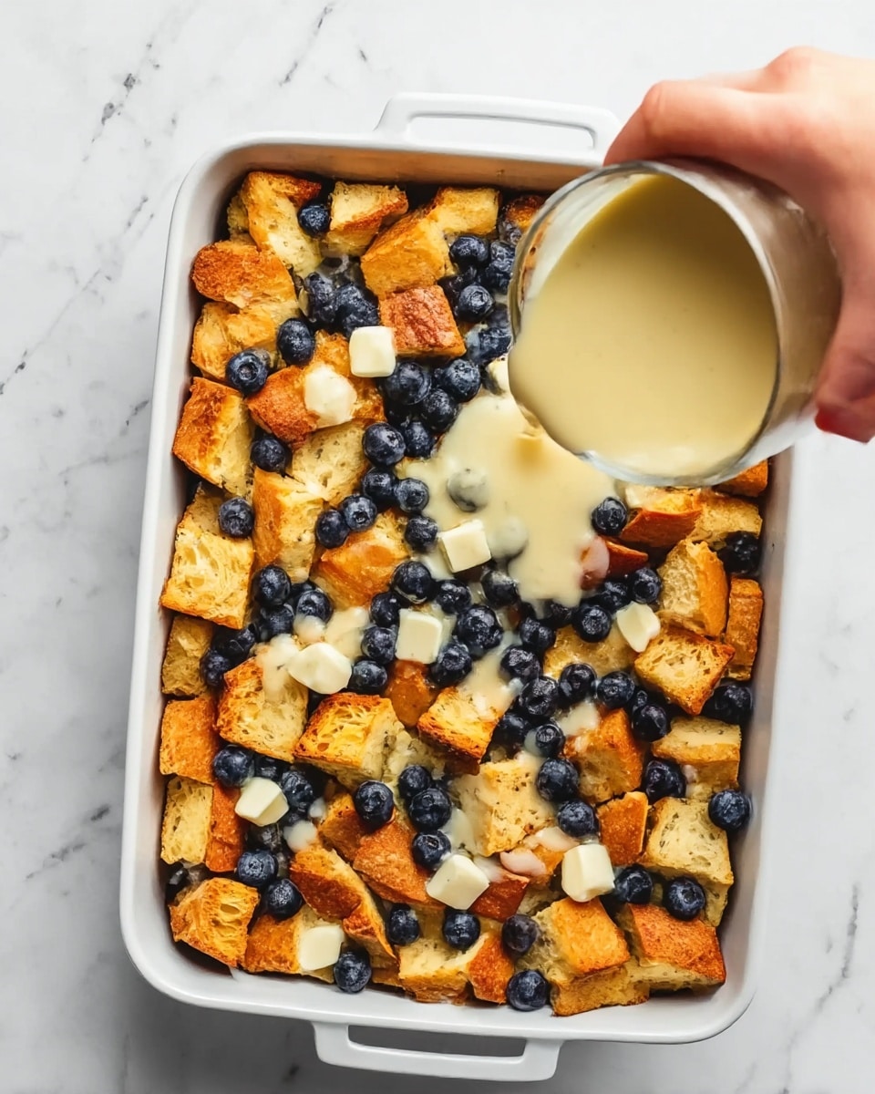 The image shows a white rectangular baking dish filled with layers of golden brown toasted bread pieces and scattered fresh blueberries, with small white cheese cubes spread evenly on top. The bread pieces are square and crispy looking with a mix of light and darker toasted areas. The second part of the image shows a woman's hand pouring a creamy light yellow sauce over the bread, berries, and cheese, partially covering them. The dish is placed on a white marbled surface that contrasts with the warm colors of the food. Photo taken with an iphone --ar 4:5 --v 7