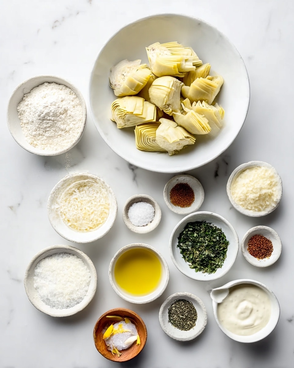 The image shows a top view of various ingredients arranged neatly on a white marbled surface. At the top center is a large white bowl filled with pale yellow artichoke hearts. Around this bowl are several smaller white bowls and dishes: a bowl with white flour on the left, a small bowl with golden olive oil on the right, a bowl with white grated cheese below the oil, and a bowl with a creamy white sauce at the bottom right. There are also small dishes containing minced garlic, chopped green herbs, lemon zest, and an assortment of ground spices including black pepper, salt, and dried herbs. A tiny wooden bowl with salt is near the center bottom. Each ingredient is clearly separated and the focus is on the colors and textures for easy identification, photo taken with an iphone --ar 4:5 --v 7
