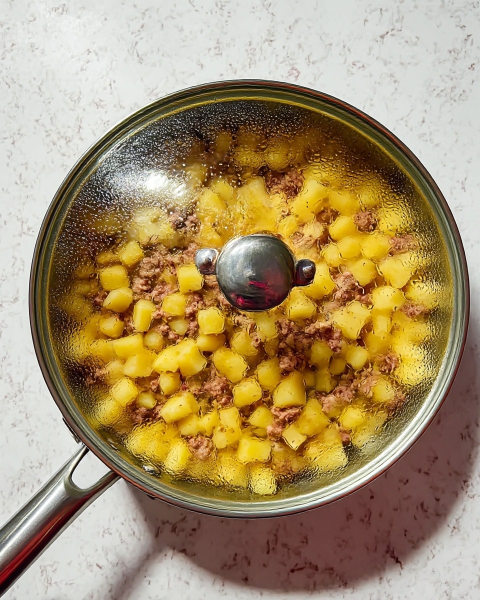 A transparent glass lid covers a pan filled with small, evenly diced yellow potatoes mixed with chunks of brown minced meat, visible through the lid which has condensation droplets on its surface. The pan has a long silver handle on one side and a smaller handle opposite it. The background is a white marbled textured counter. Photo taken with an iphone --ar 4:5 --v 7