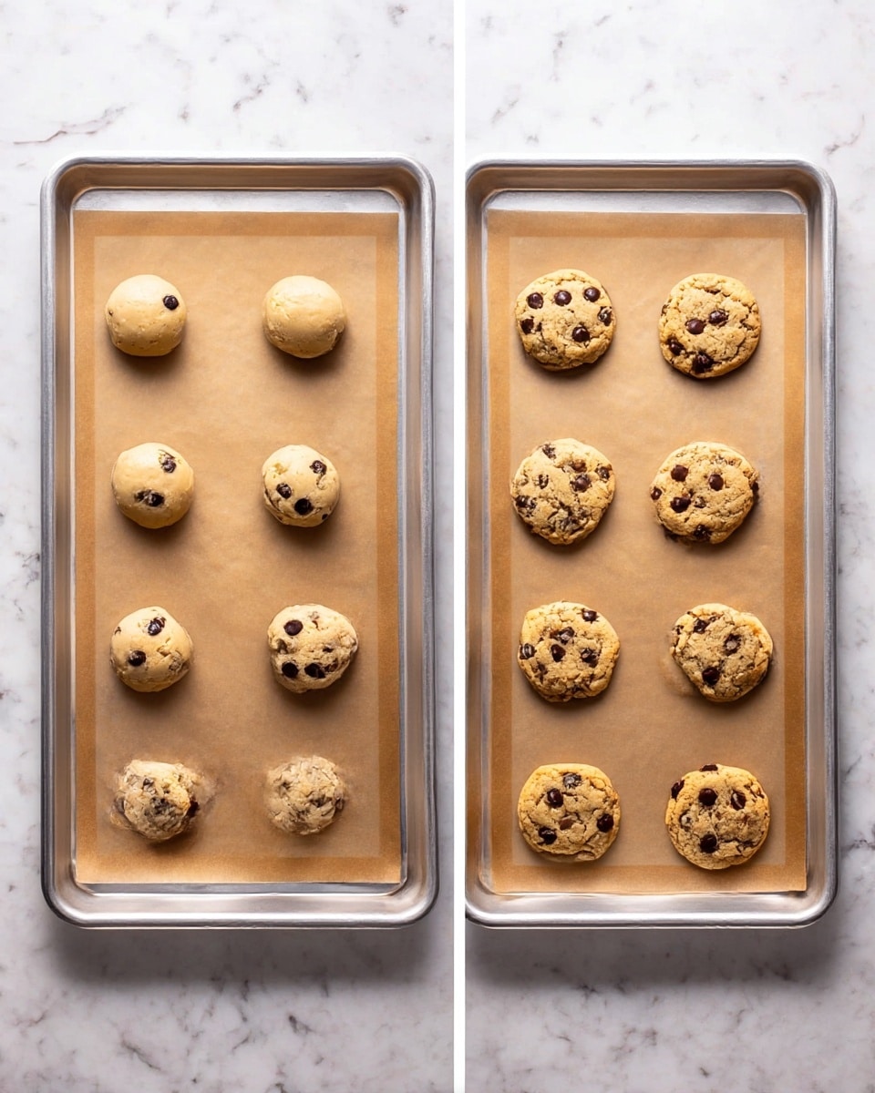 Two images side by side show a metal baking tray lined with brown parchment paper on a white marbled surface. The left image has six round cookie dough balls, each light tan with scattered dark chocolate chips, evenly spaced in two columns of three. The right image displays the same tray after baking, with six golden brown cookies, softened with slightly darker edges and visible melted chocolate chips, also spaced in two columns of three on the parchment paper. photo taken with an iphone --ar 4:5 --v 7