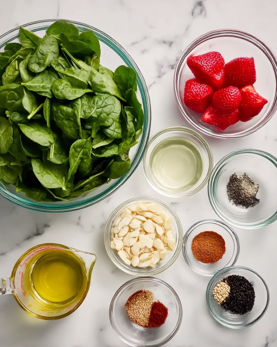 The image shows several clear glass bowls arranged on a white marbled surface, each containing different ingredients. In the top left, a large bowl is filled with fresh green leafy spinach. To its right, a medium bowl holds bright red sliced strawberries standing out vividly. Moving further right, smaller bowls contain clear liquid, slivered pale almonds, finely chopped white onion, dark brown small liquid, black poppy seeds, white sesame seeds, and a reddish-brown ground spice. At the bottom left, a measuring glass cup is filled with a yellowish oil. All items are neatly placed with no mixing, creating a visually organized setup. Photo taken with an iphone --ar 4:5 --v 7