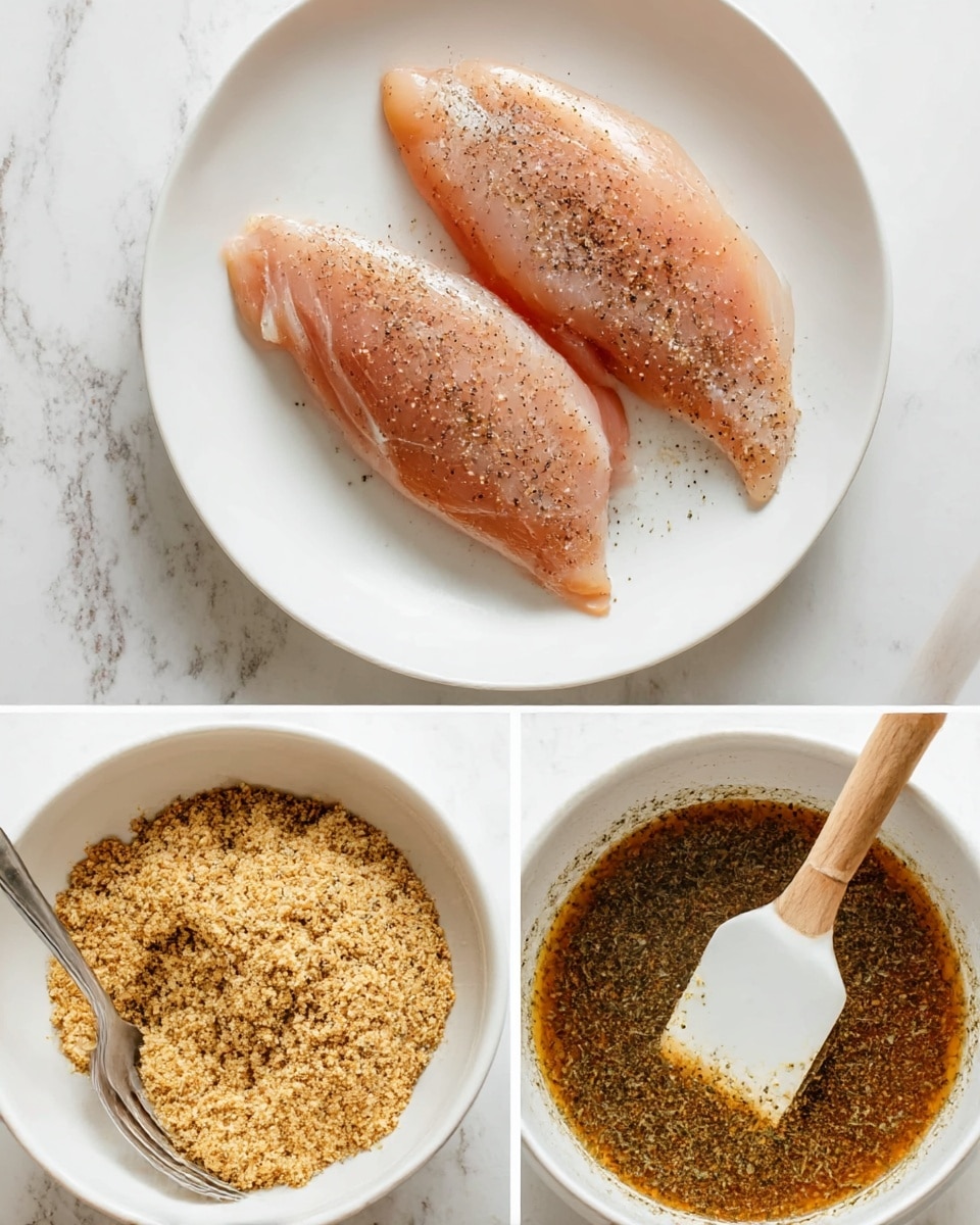 The image shows three separate white bowls and plates on a white marbled surface. The top bowl is a white plate holding three uncooked chicken fillets sprinkled with black pepper and salt, with pink and light cream tones of the meat visible. The bottom left bowl contains a coarse, crumbly golden-brown mixture with dark specks and a metal fork resting inside. The bottom right bowl shows a thick brown liquid with visible herbs stirred by a white spatula with a wooden handle. photo taken with an iphone --ar 4:5 --v 7