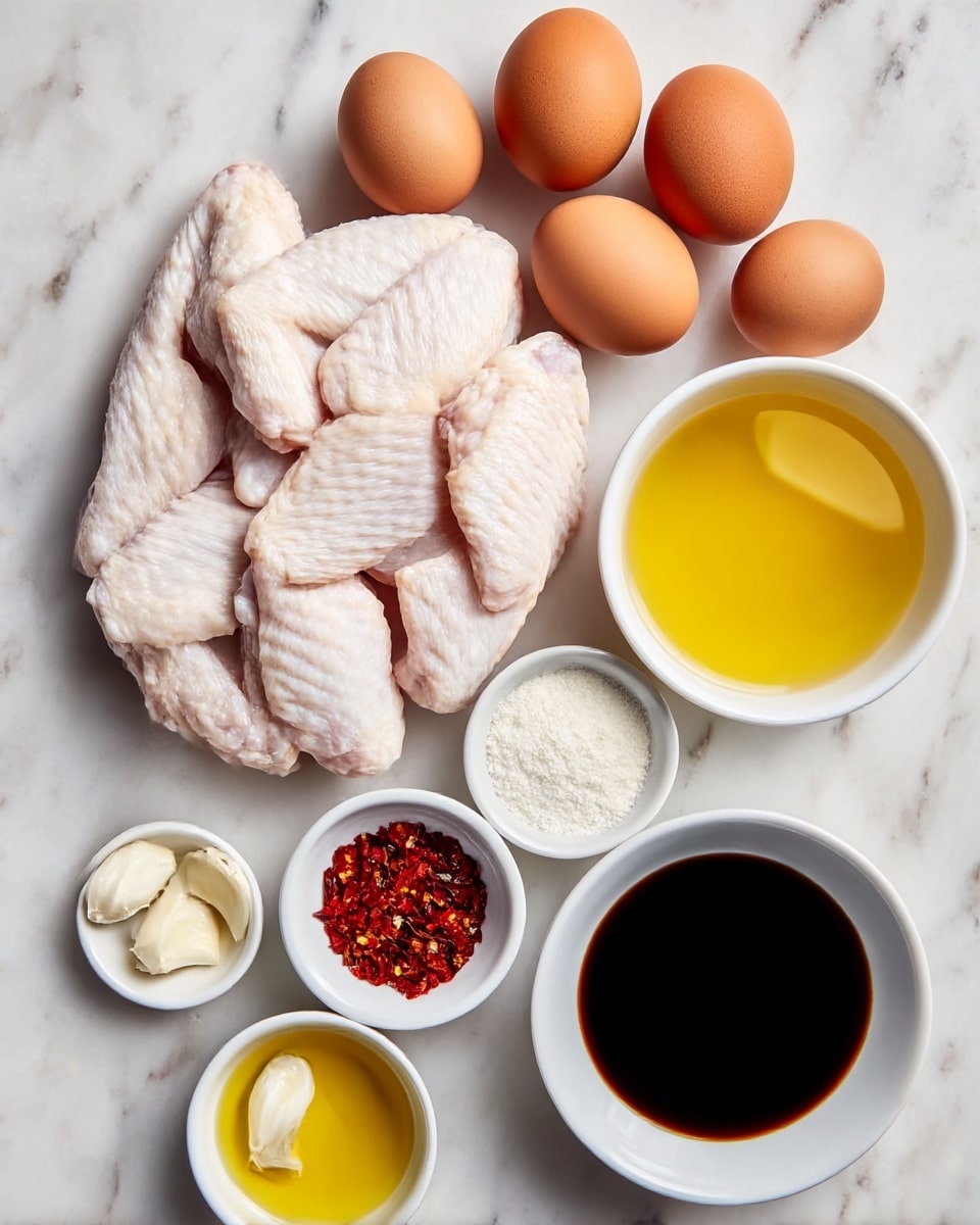 A white marbled surface holds an arrangement of ingredients for cooking, with a central pile of raw chicken wings showing pale skin and bumpy texture. Above the wings, five whole brown eggs sit in a loose group. To the right of the eggs is a white bowl filled with a golden clear liquid, and below that, another white bowl holds a dark soy-colored sauce. Underneath these, smaller white bowls contain a white powdery ingredient, whole peeled garlic cloves, bright yellow olive oil, and vibrant red chili flakes. Everything is neatly placed with no overlap, creating a clean and organized look. Photo taken with an iphone --ar 4:5 --v 7